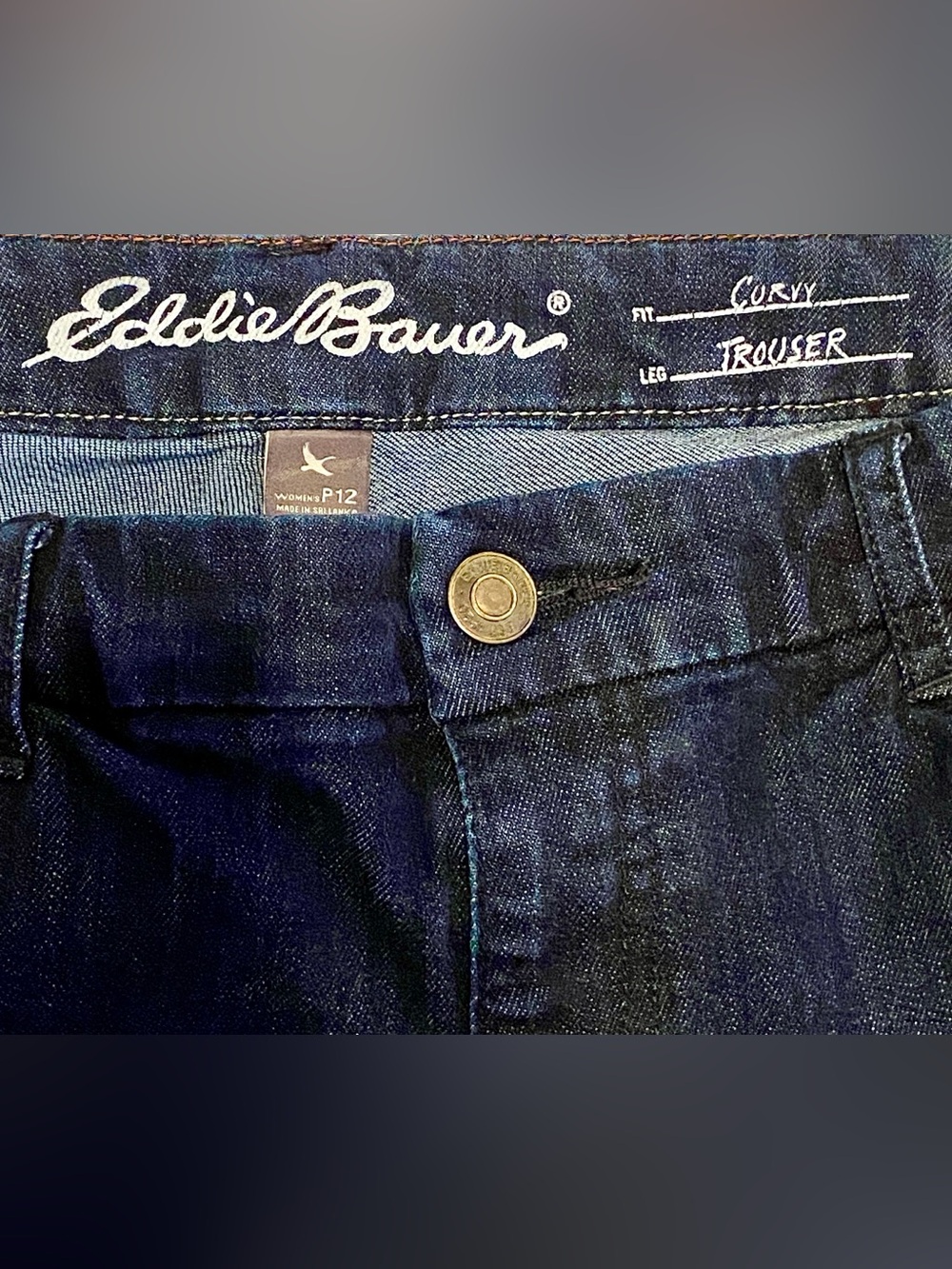 EDDIE BAUER-Size 12P-Curvy Trouser Dark Wash, Mid Rise,Flare Stretch Denim Jeans - Picture 3 of 12